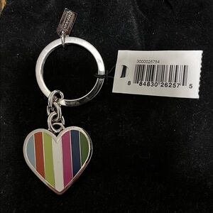 Coach Multi Legacy Stripe Heart Keychain Key Ring Fob MINT NWT and Pouch